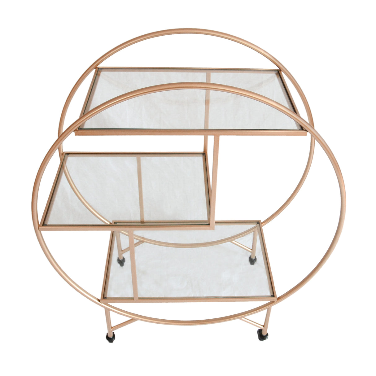 Chariot de bar à cocktails en or rose avec trois niveaux de verre transparent, design moderne et élégant sur roulettes pour un déplacement facile