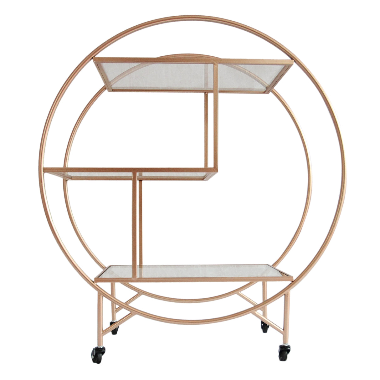 Chariot de bar en or rose avec étagères en verre, design moderne et élégant, roues pour un déplacement facile, idéal pour les cocktails