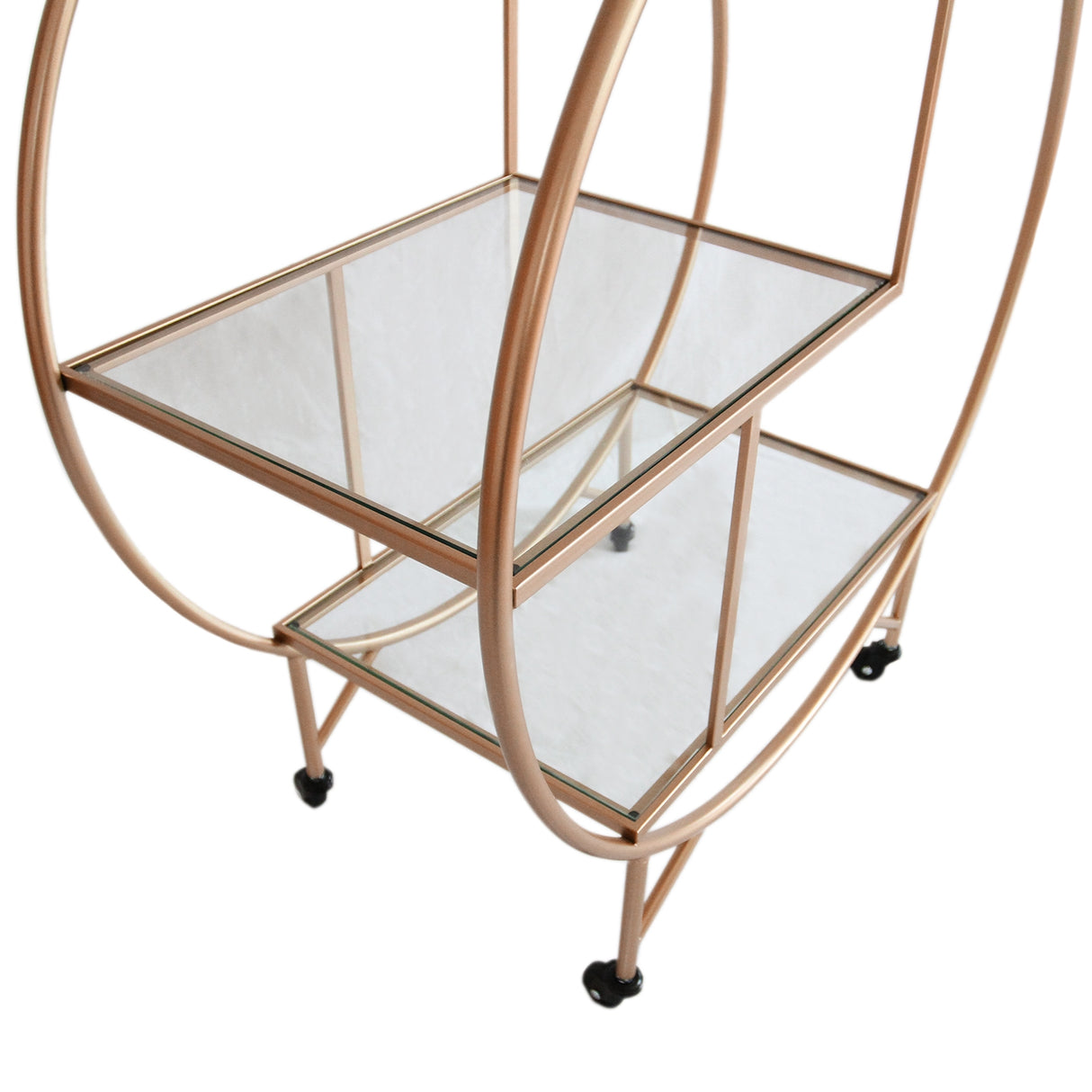 Chariot de bar en or rose avec étagères en verre, design élégant et moderne, roulettes pour un déplacement facile et pratique