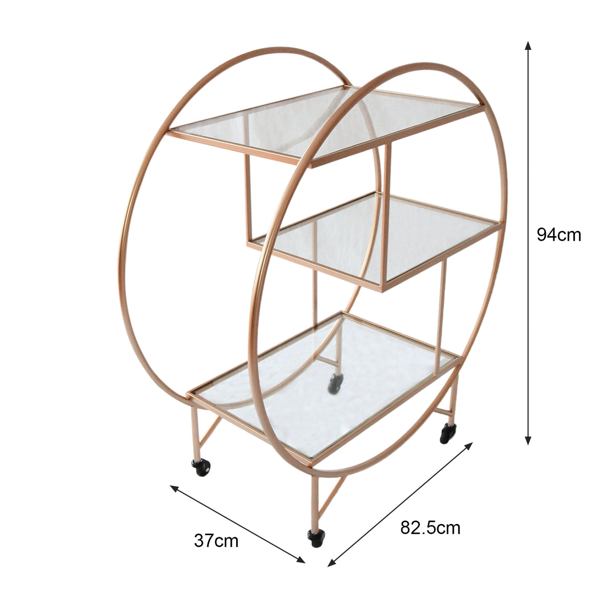Chariot de bar en métal or rose avec trois étagères en verre, design élégant et moderne, roulettes pour un déplacement facile