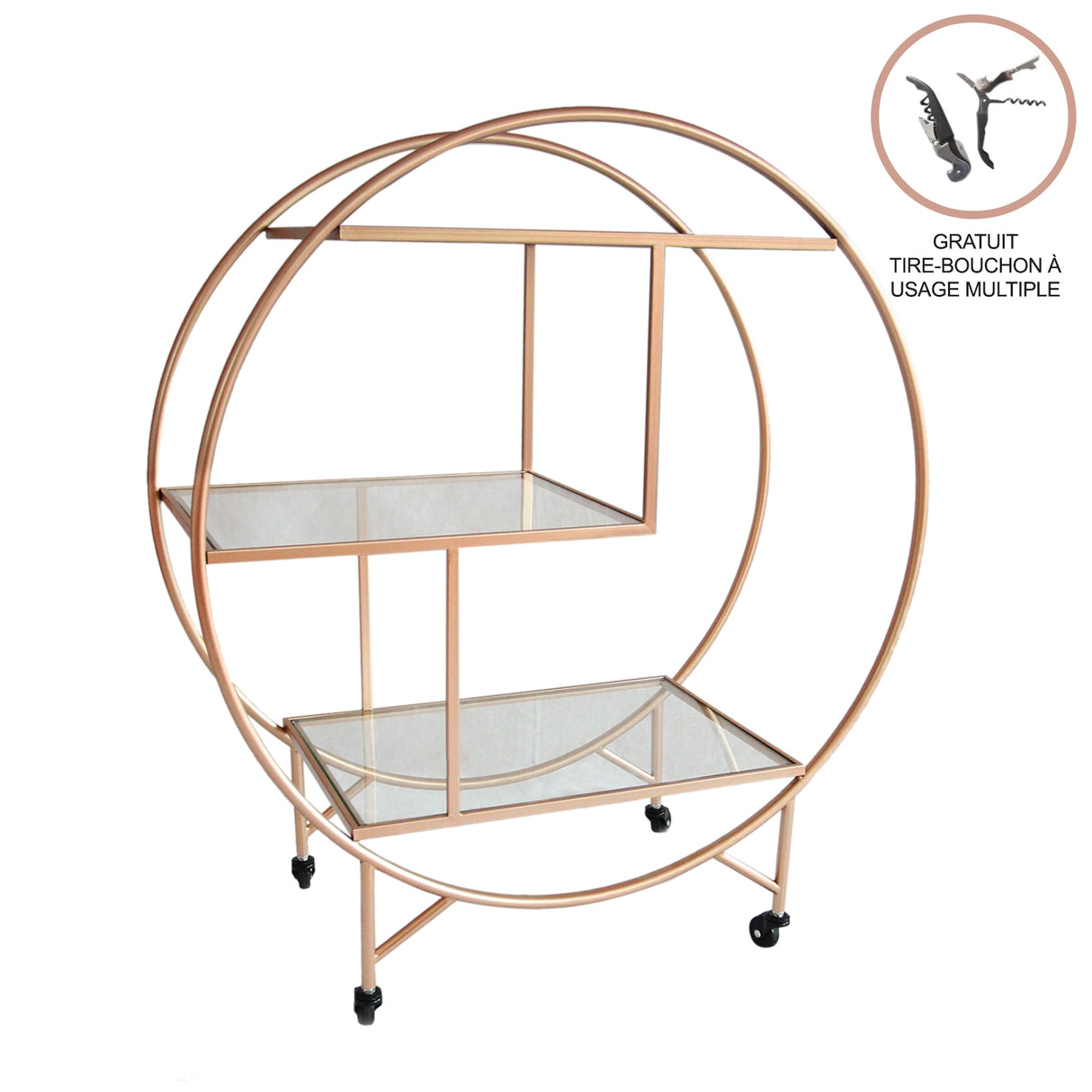 Chariot de bar en métal rose doré avec étagères en verre transparent, design moderne et élégant, roues pour un déplacement facile