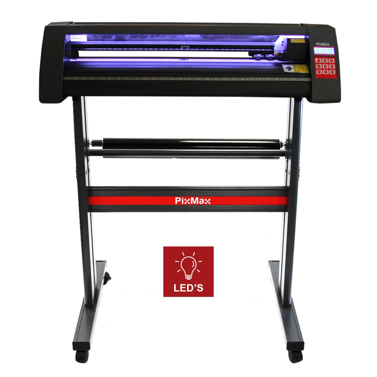 Découpe vinyle PixMax LED 72 cm sur un support noir, avec un éclairage LED violet, boutons rouges et rouleau pour le vinyle