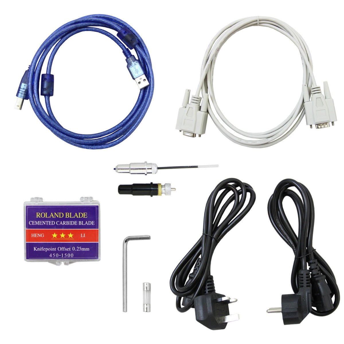 Câbles USB et série, accessoires de découpe, et lame en carbure pour la PixMax Découpe Vinyle LED 135cm, tous en noir et gris