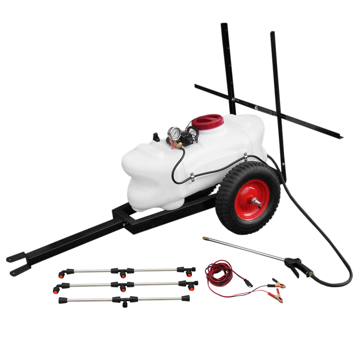 Pulvérisateur pour quad de 100L avec remorque, réservoir blanc, roues rouges, tuyaux flexibles et accessoires en métal noir