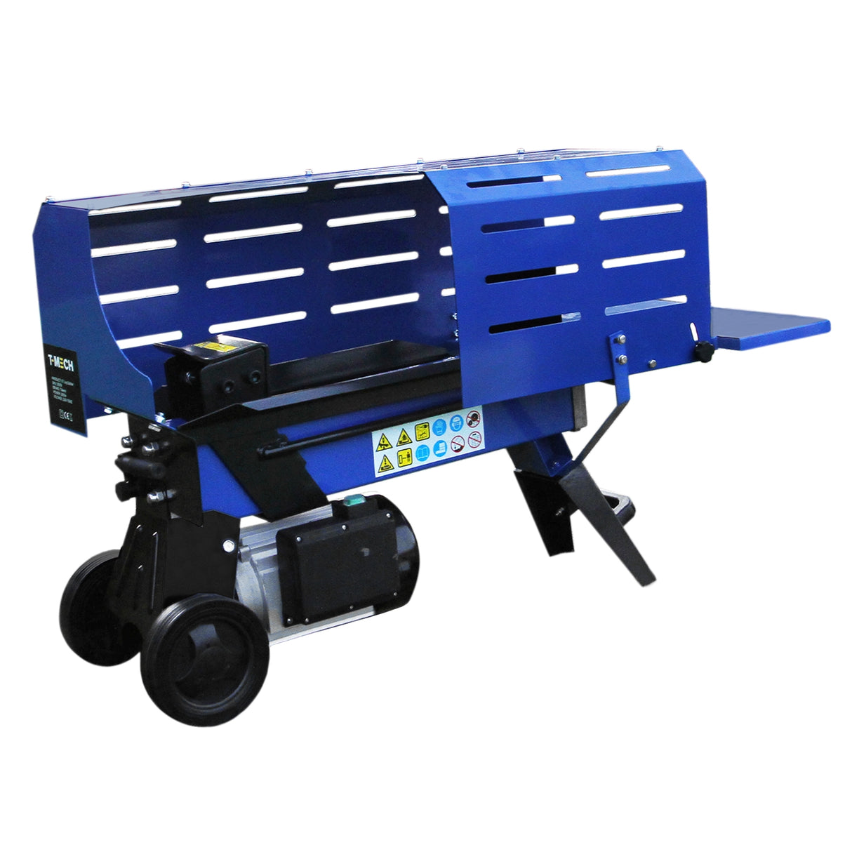 Fendeur de bûches T-Mech de 370 mm, couleur bleue, avec un design robuste, roues noires et plateau latéral pour un usage pratique