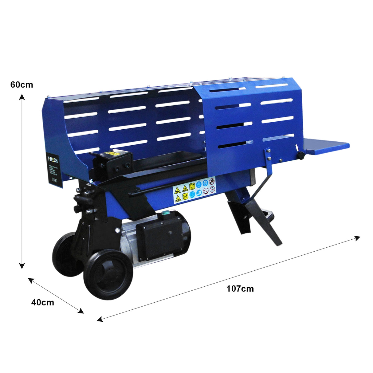 Fendeur de bûches T-Mech de 370 mm, couleur bleue, avec un design robuste, roues pour mobilité, et dimensions de 107 cm x 60 cm x 40 cm