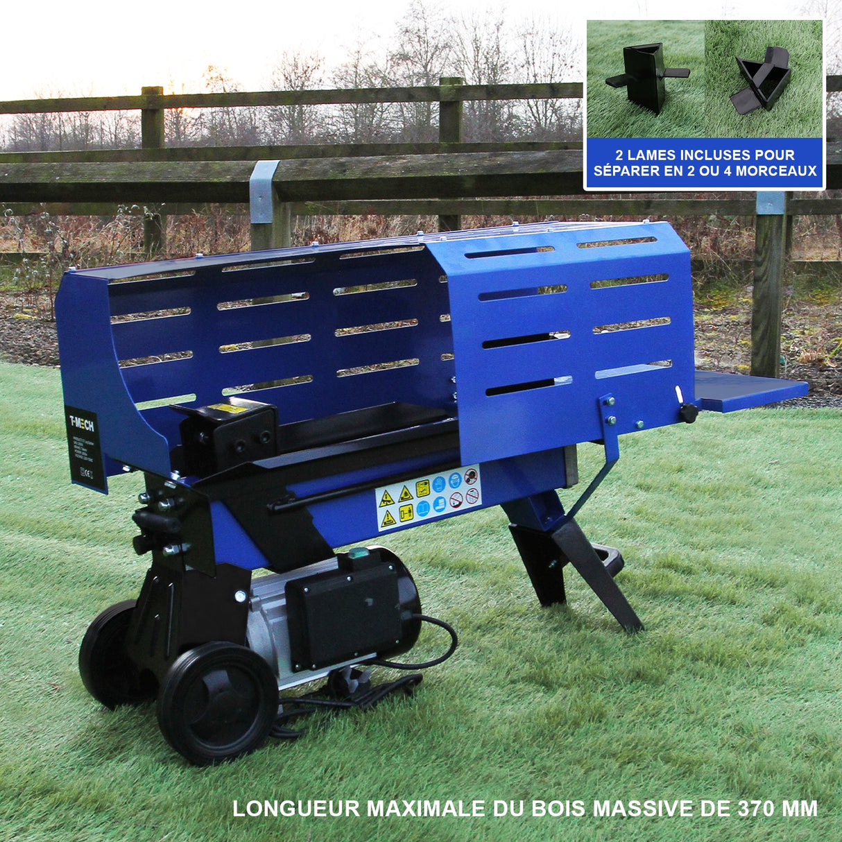 Fendeur de bûches T-Mech de couleur bleue, équipé de roulettes, avec un moteur puissant et une capacité de 370 mm pour couper le bois