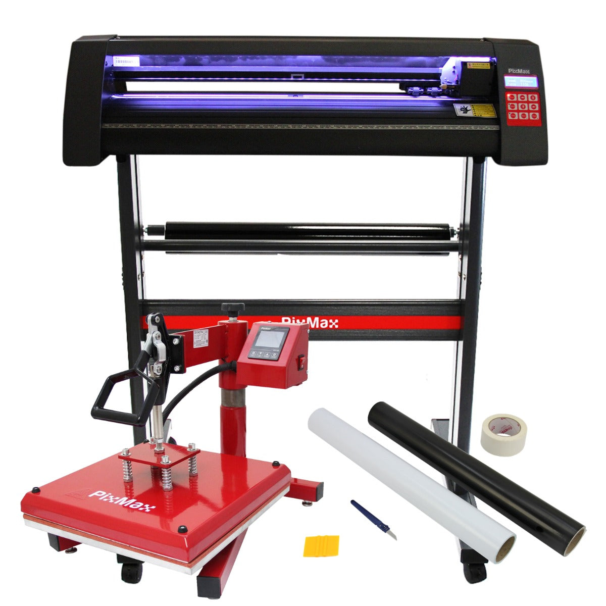 Plotter de découpe vinyle PixMax avec éclairage LED, presse à chaud rouge, rouleaux de vinyle noir et blanc, et accessoires inclus