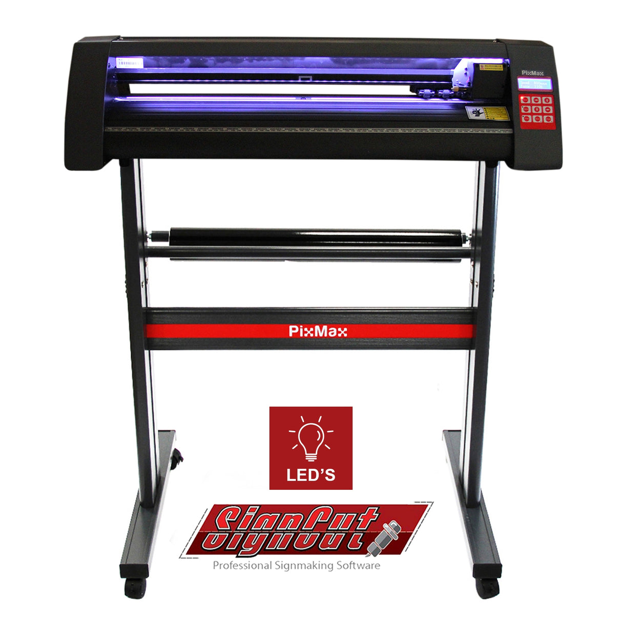 Plotter de découpe vinyle PixMax 72cm avec guide LED, affichant un design noir élégant et des boutons rouges pour un usage facile