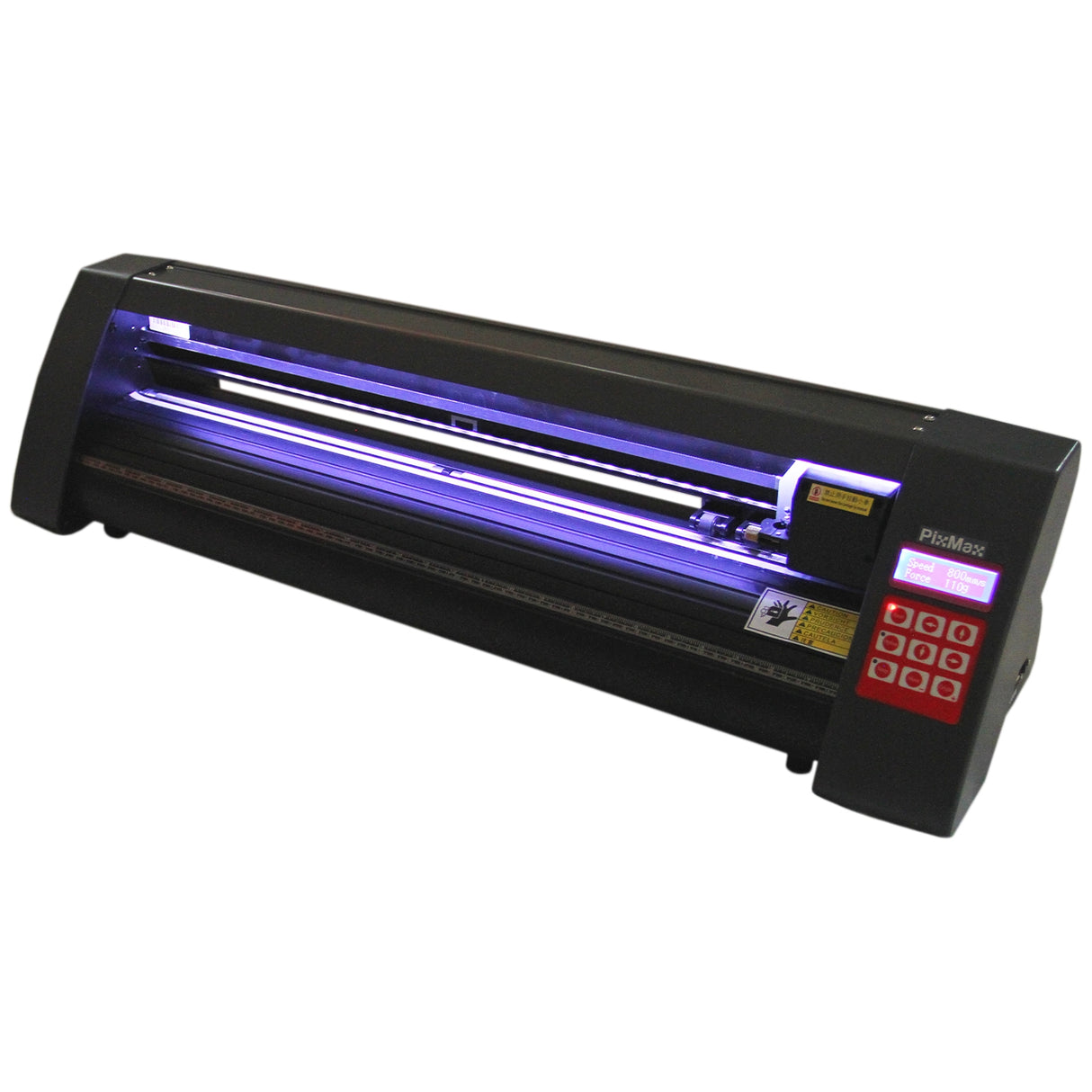 Plotter de découpe vinyle PixMax noir avec écran LED, rouleau de coupe et touches de commande, idéal pour des projets créatifs