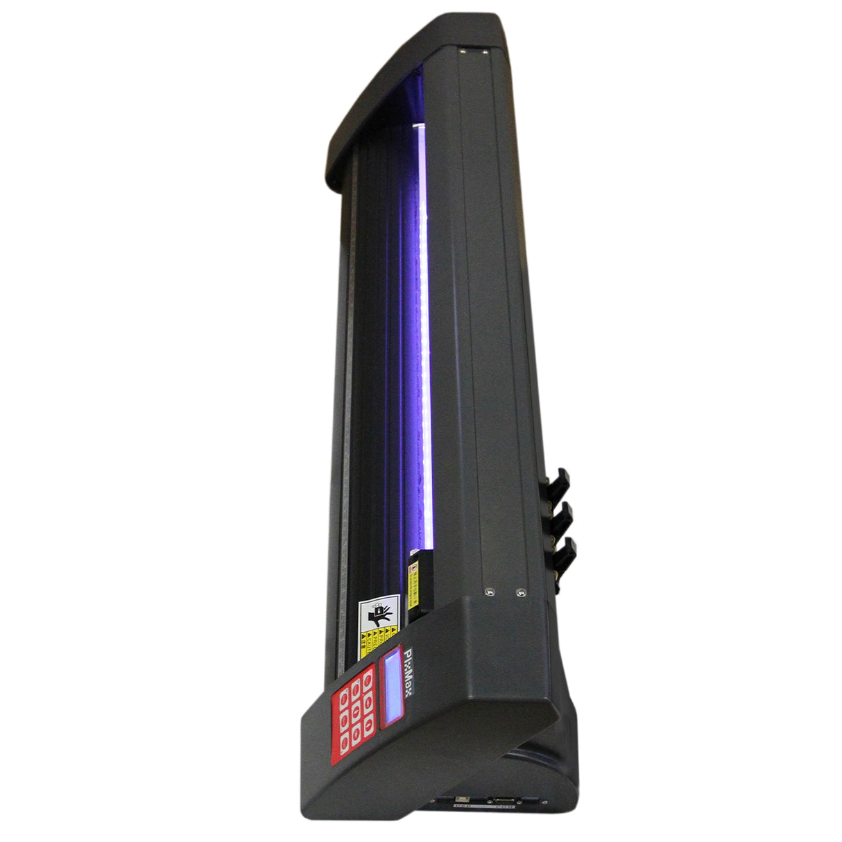 Plotter de découpe vinyle PixMax 72 cm avec guide LED, finition noire, boutons de contrôle rouge et éclairage violet intégré