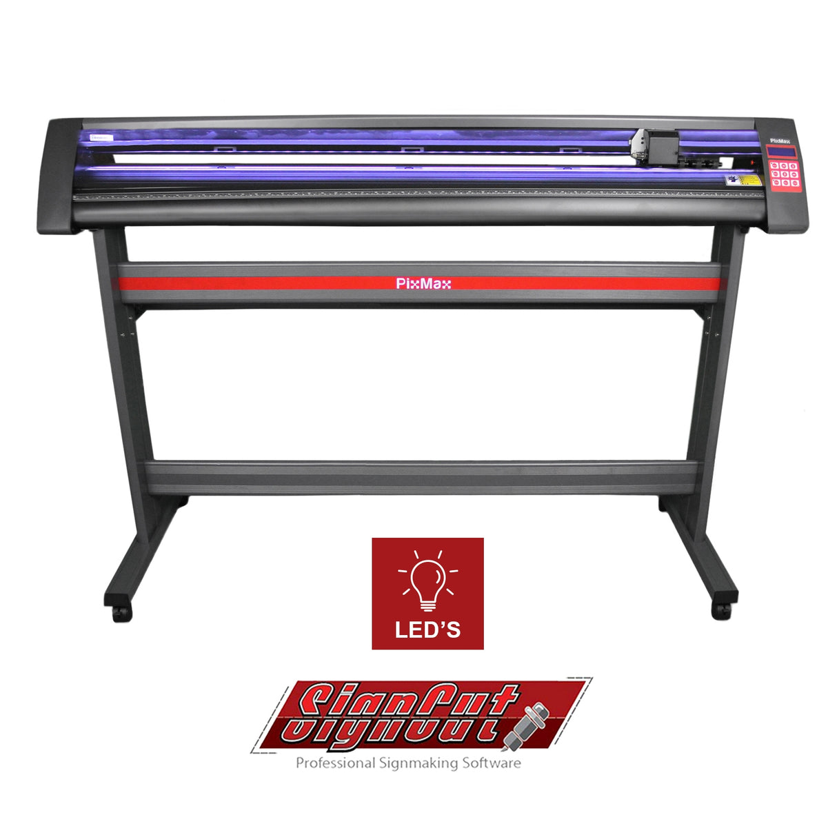 Plotter de découpe vinyle PixMax de 135 cm avec cadre noir, rouleau violet et logo Signcut Pro en rouge, éclairage LED intégré