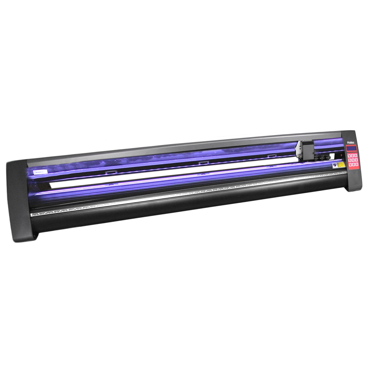 Plotter de découpe vinyle de 135 cm avec un design noir élégant, affichant un écran de contrôle et un rouleau de coupe en action