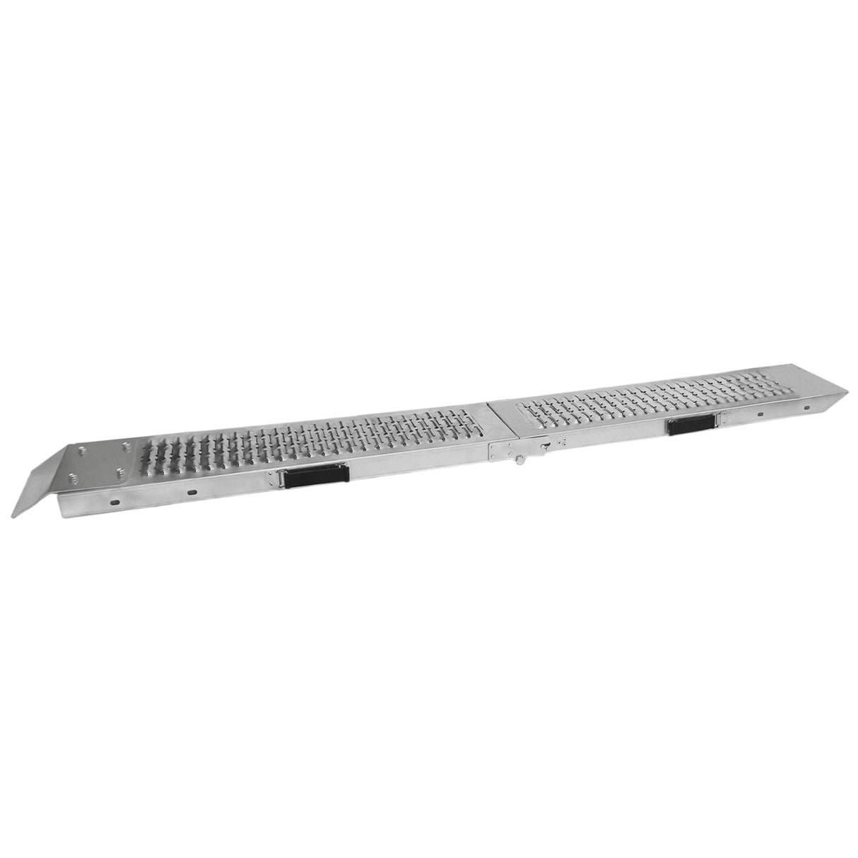 Rampe de chargement pliable en aluminium, surface antidérapante, finition argentée, conçue pour faciliter le chargement de motos