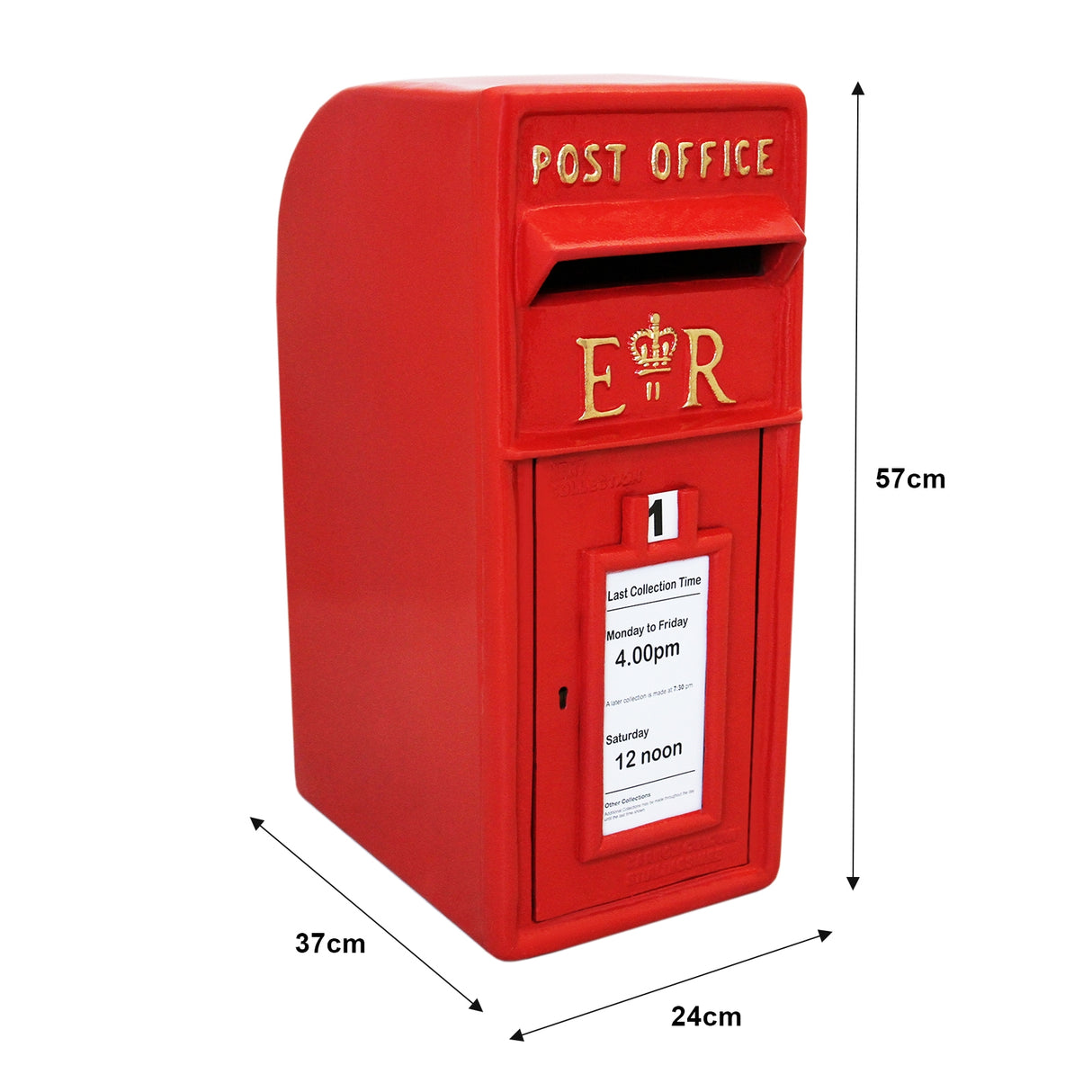 Boîte aux lettres rouge brillante avec support, dimensions 57 cm de hauteur, 37 cm de largeur, et 24 cm de profondeur, ornée de l'inscription "POST OFFICE