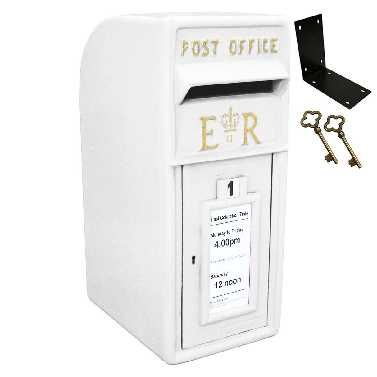 Boîte aux lettres blanche en métal avec inscription dorée, fente pour lettres, clé et support mural inclus, design classique élégant