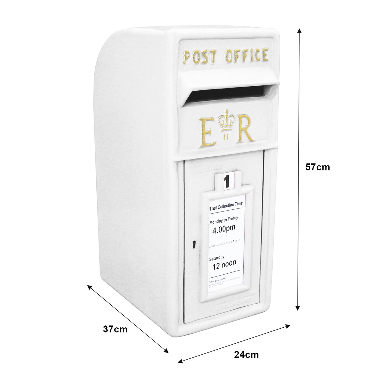 Boîte aux lettres blanche avec support, dimensions 57 cm de hauteur, ornée de l'inscription "POST OFFICE" et d'un design élégant