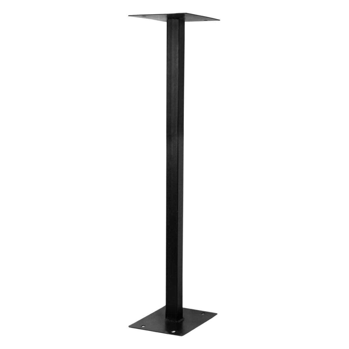 Piédestal en métal noir, haut et rectangulaire, avec une base carrée solide, idéal pour soutenir une boîte aux lettres extérieure