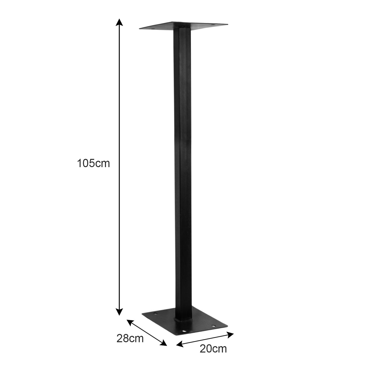 Piédestal en métal noir, dimensions 105 cm de hauteur, 28 cm de large et 20 cm de profondeur, surface lisse et design moderne