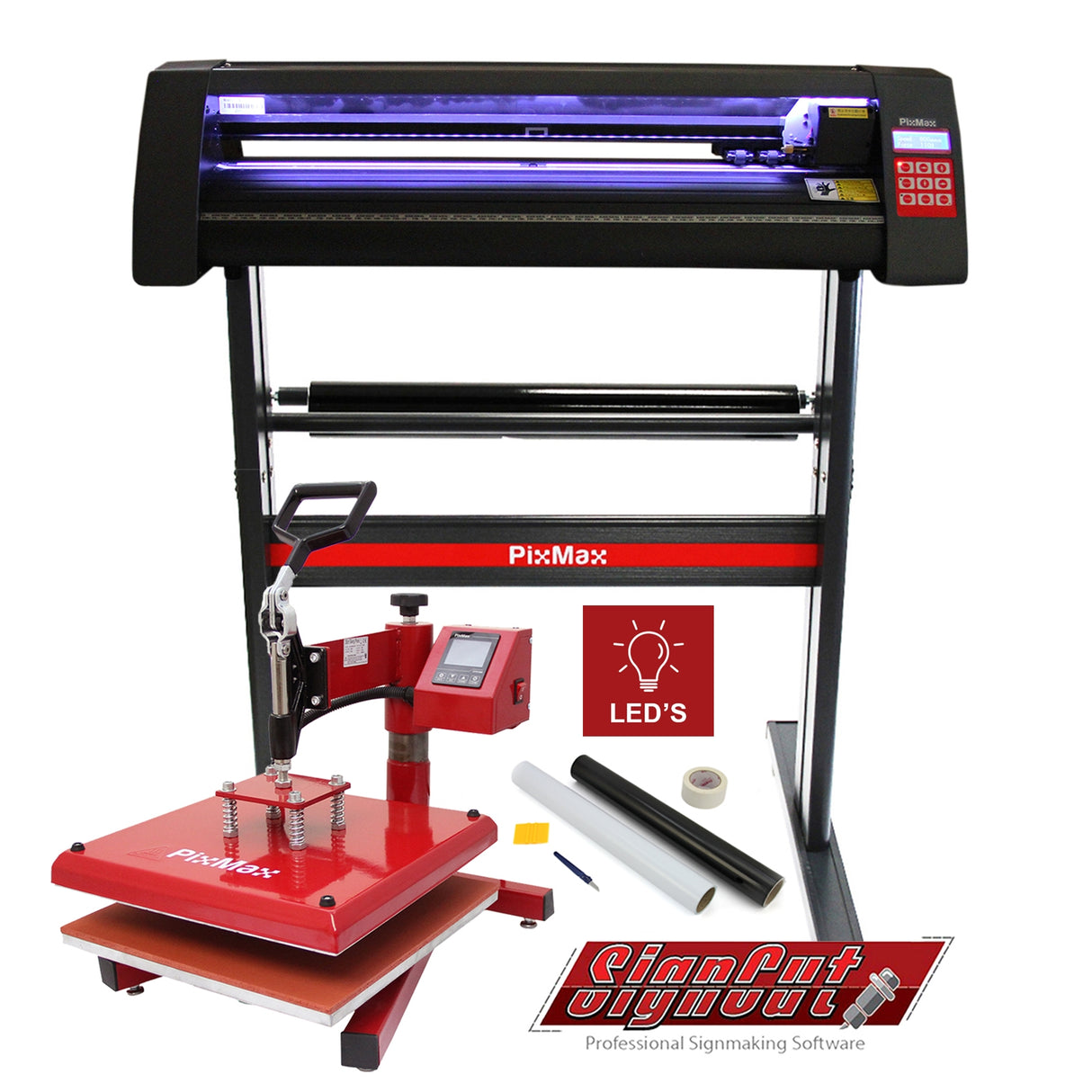 Plotter de découpe vinyle PixMax avec presse à chaud rouge, rouleaux de vinyle, et logiciel de signalétique, éclairage LED intégré