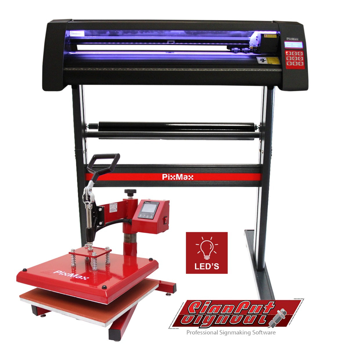 Plotter de découpe vinyle PixMax avec presse à chaud rouge de 38 cm, éclairage LED et logiciel professionnel pour signalétique