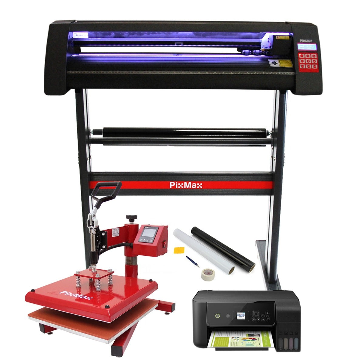 Plotter de découpe vinyle PixMax noir avec presse à chaud rouge, rouleaux de vinyle et accessoires sur fond blanc