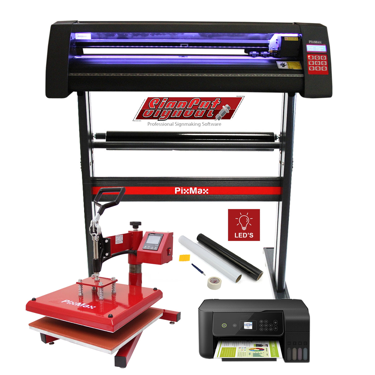 Plotter de découpe vinyle PixMax avec presse à chaud rouge, rouleaux de vinyle, et accessoires, sur fond noir et gris