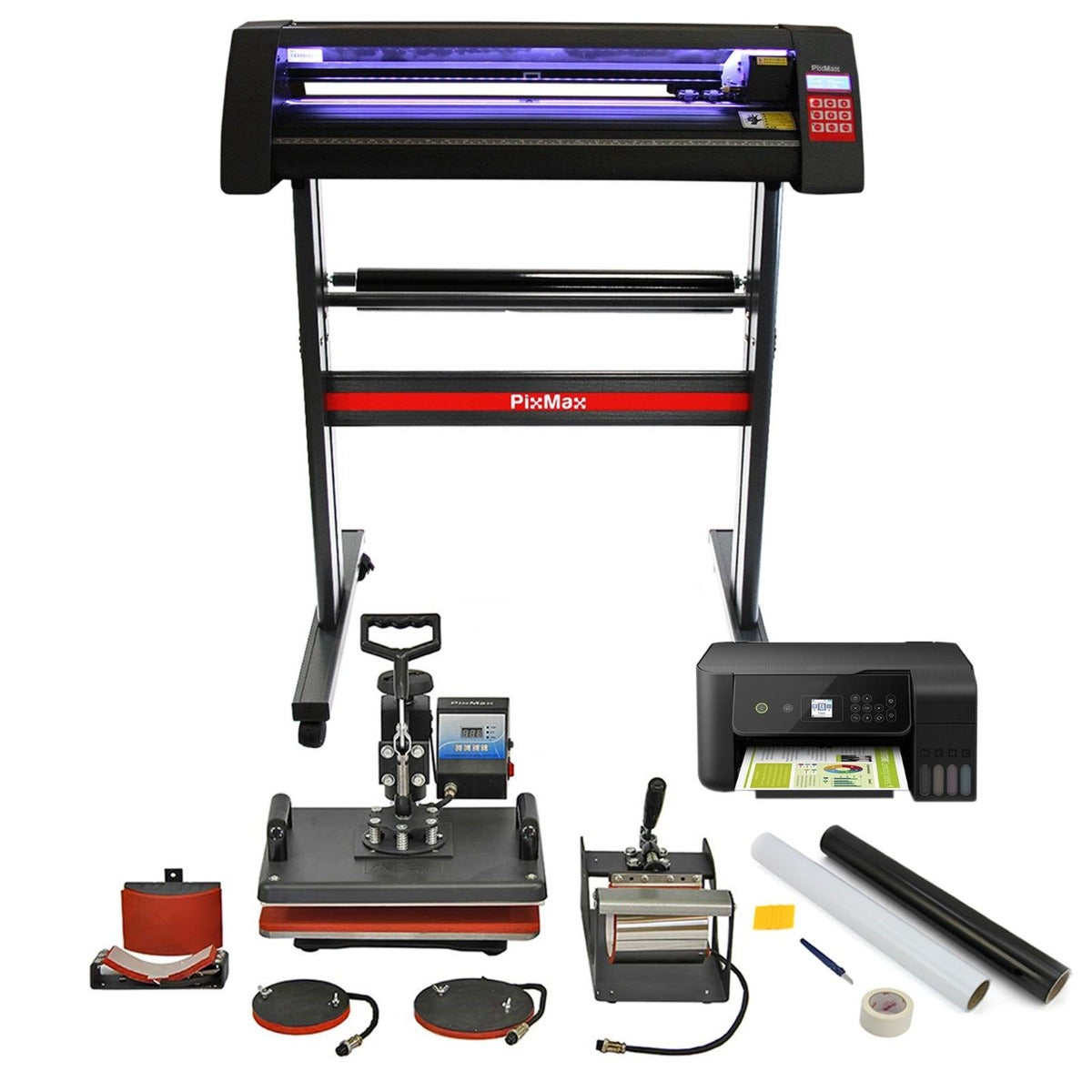 Kit de découpe PixMax avec plotter, presse à chaud, rouleaux de vinyle, et logiciel SignCut Pro, tout en noir et rouge