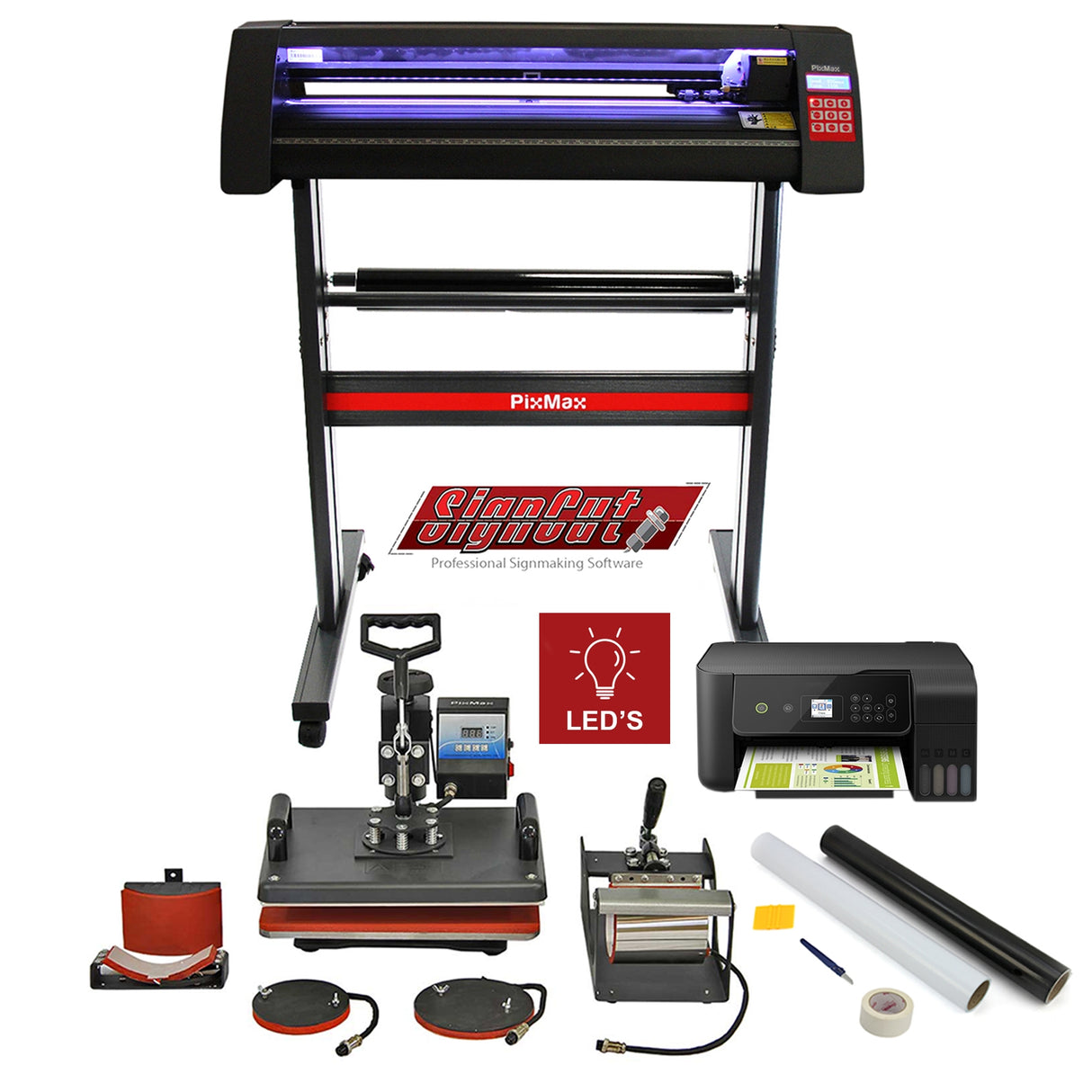 Kit de découpe PixMax comprenant un plotter, presse à chaud, rouleaux de vinyle, et logiciel SignCut Pro, avec des éléments en noir et rouge