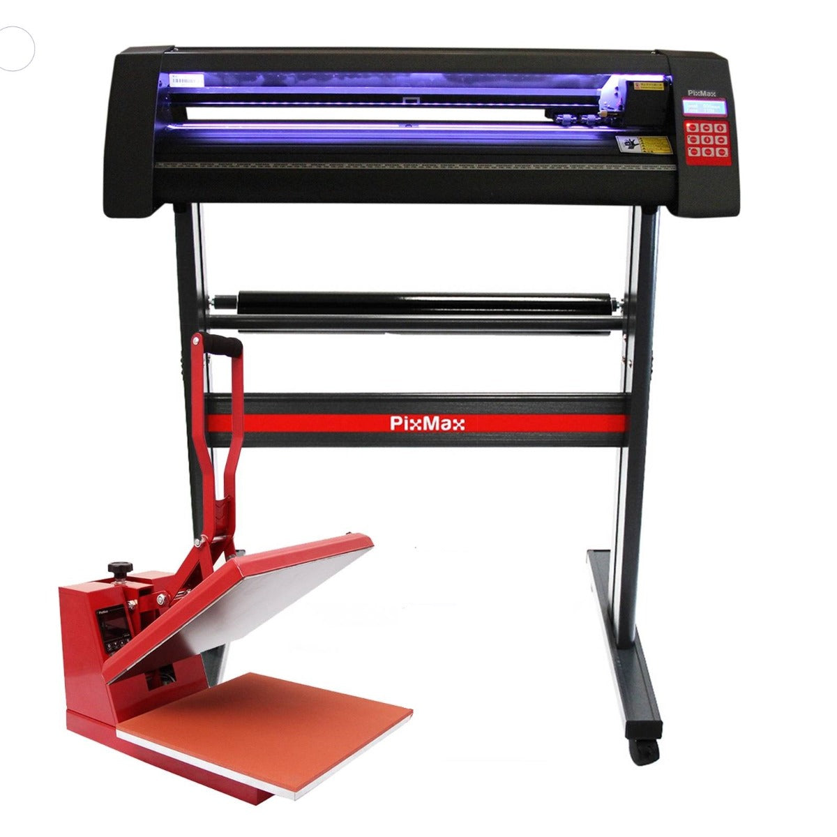 Plotter de découpe vinyle PixMax avec presse à chaud rouge, écran lumineux, rouleau de support et base en métal noir robuste
