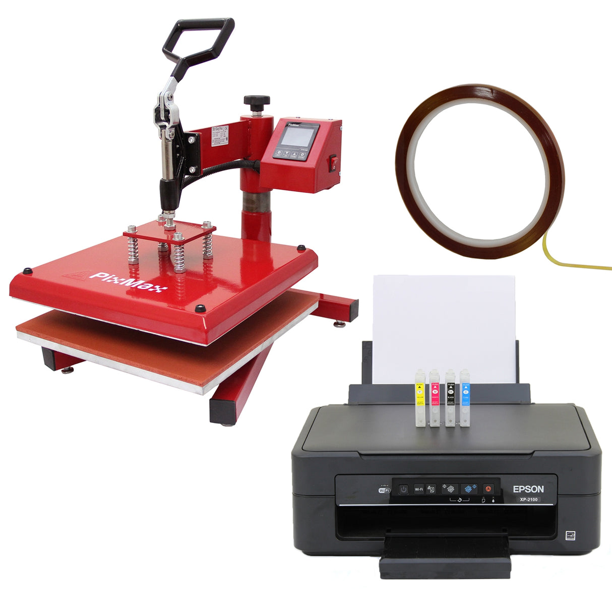 Presse à chaud pivotante rouge de 38 cm avec imprimante Epson, rouleau de protection et cartouches d'encre colorées, idéal pour le transfert textile