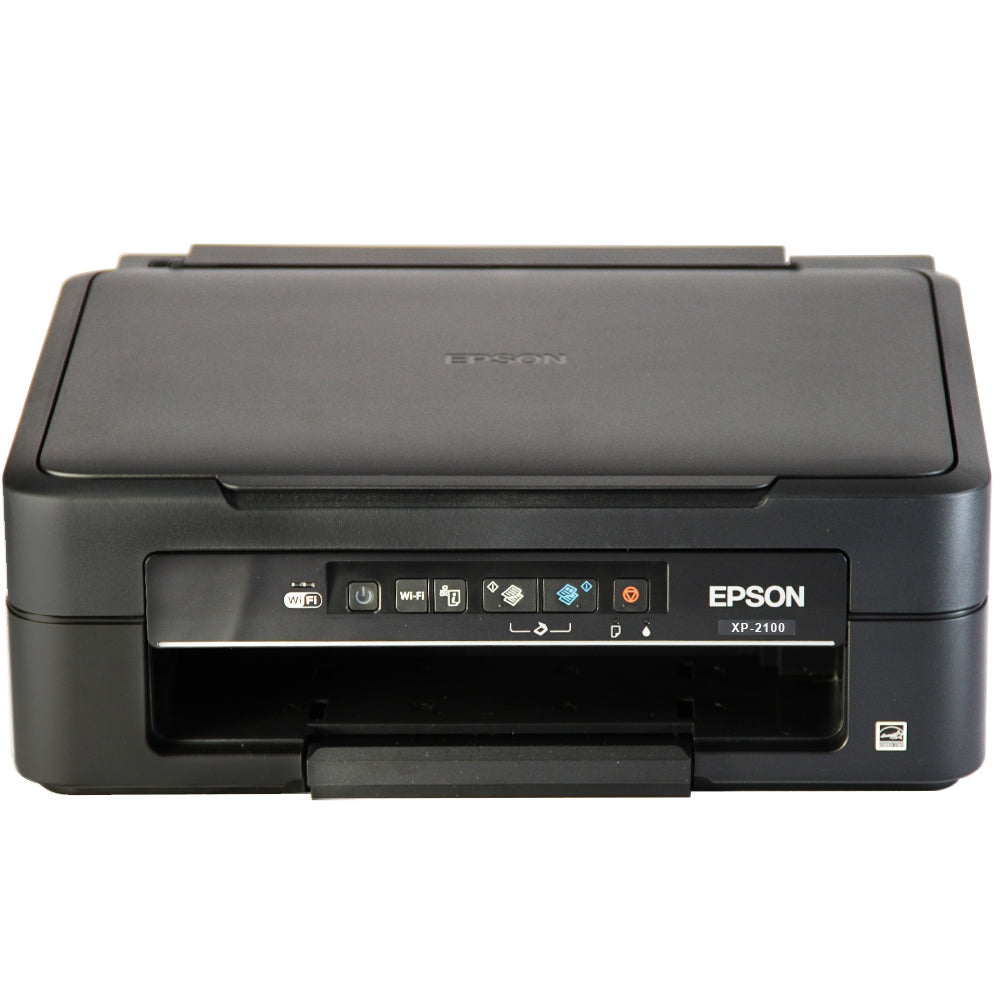 Imprimante Epson XP-2100 noire avec un design compact, boutons de contrôle en façade et un tiroir pour papier intégré