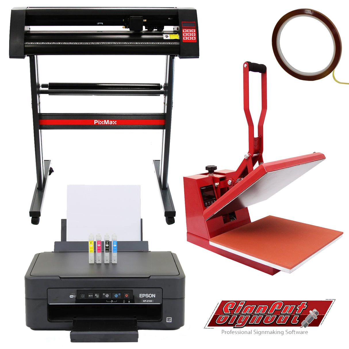 Presse à chaud rouge, découpeuse de vinyle noire, imprimante Epson et rouleau de vinyle, tous sur fond blanc, prêts à l'utilisation