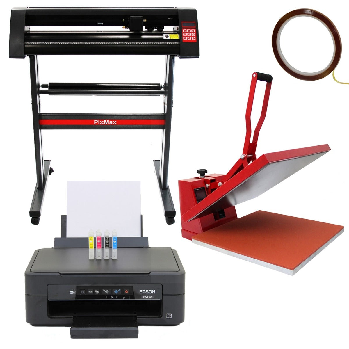 Presse à chaud rouge, découpe vinyle noire et imprimante Epson avec cartouches colorées, tous sur fond blanc, équipements de personnalisation