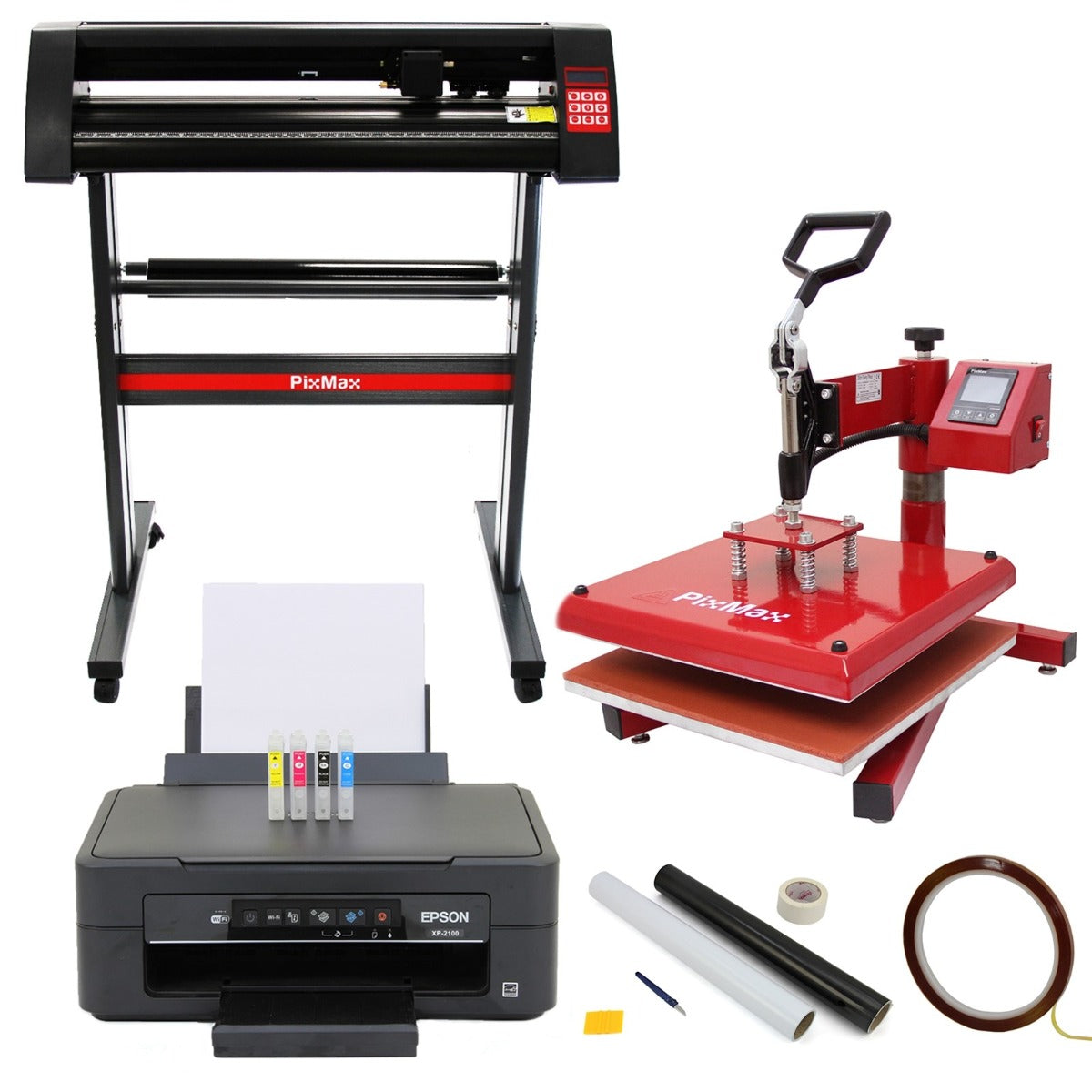 Presse à chaud rouge, découpeuse de vinyle noire, imprimante Epson et kit de traçage, tous sur fond blanc, outils pour création personnalisée