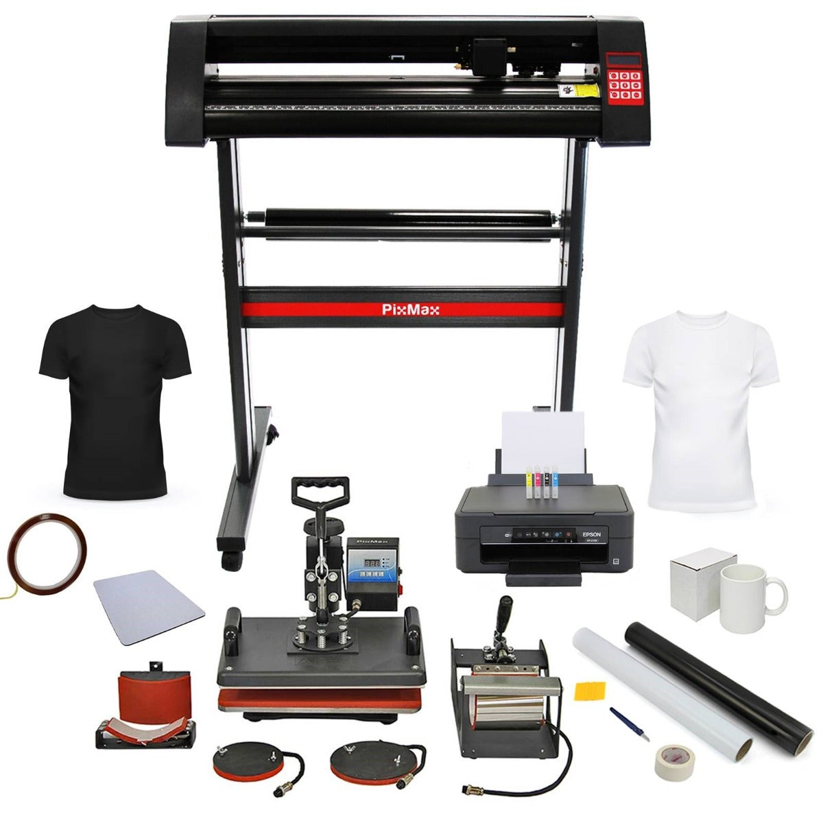 Presse à chaud PixMax 5 en 1 avec plotter de découpe, imprimante, t-shirts noirs et blancs, accessoires variés sur fond blanc