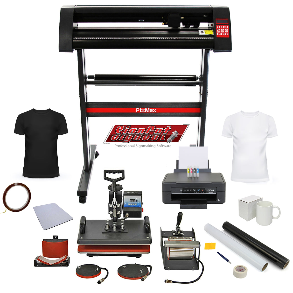 Lot de presse à chaud 5 en 1 PixMax avec plotter de découpe, imprimante, accessoires variés et t-shirts blancs, tous sur fond clair