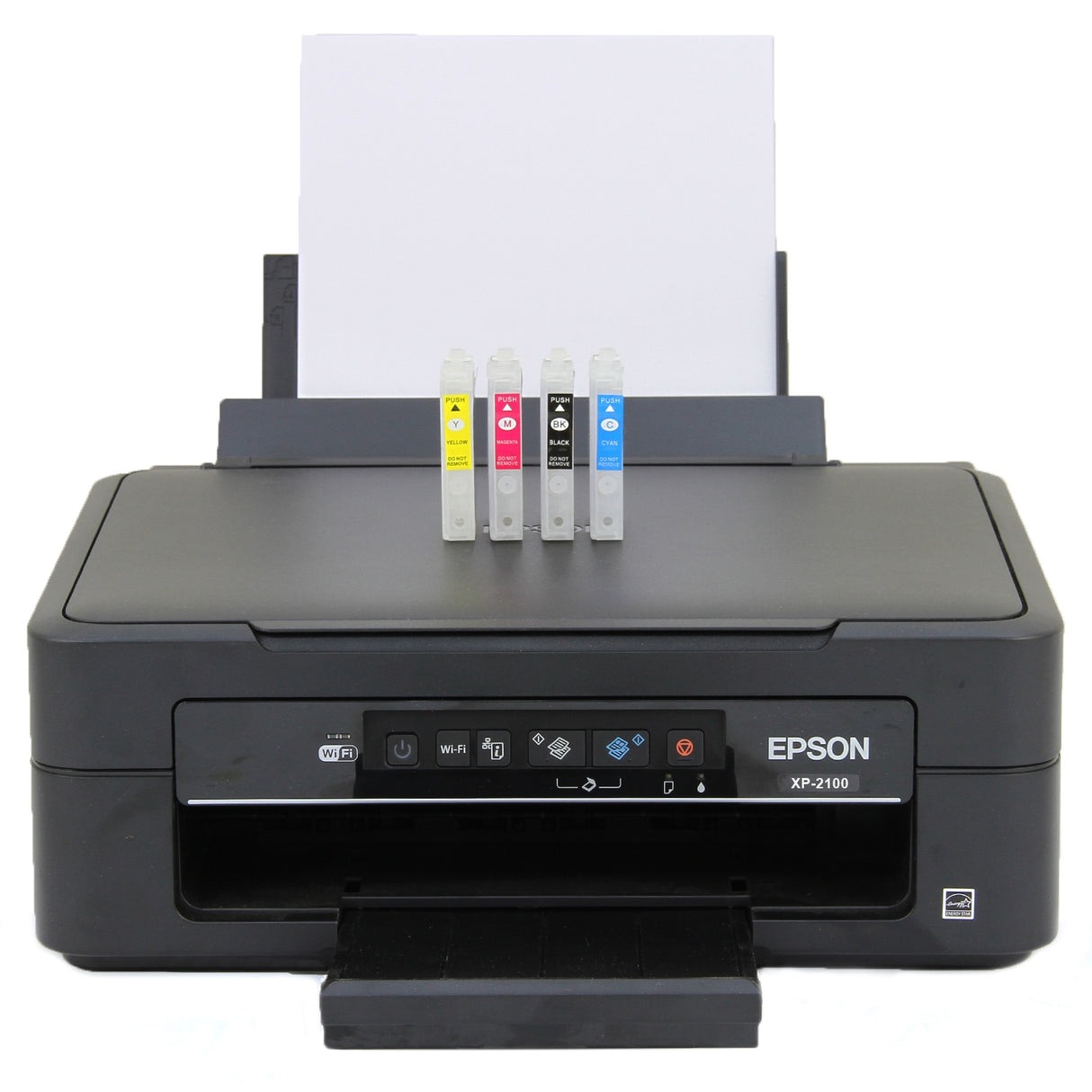 Imprimante Epson XP-2100 noire avec quatre cartouches de couleur, prête à imprimer sur papier blanc, design compact et moderne