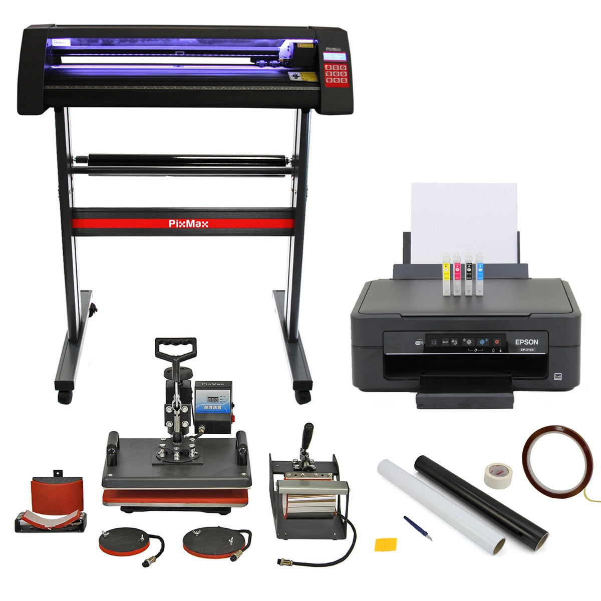 Lot de découpe vinyle PixMax avec presse à chaud 5 en 1, imprimante Epson, rouleaux de vinyle et accessoires variés en noir et rouge