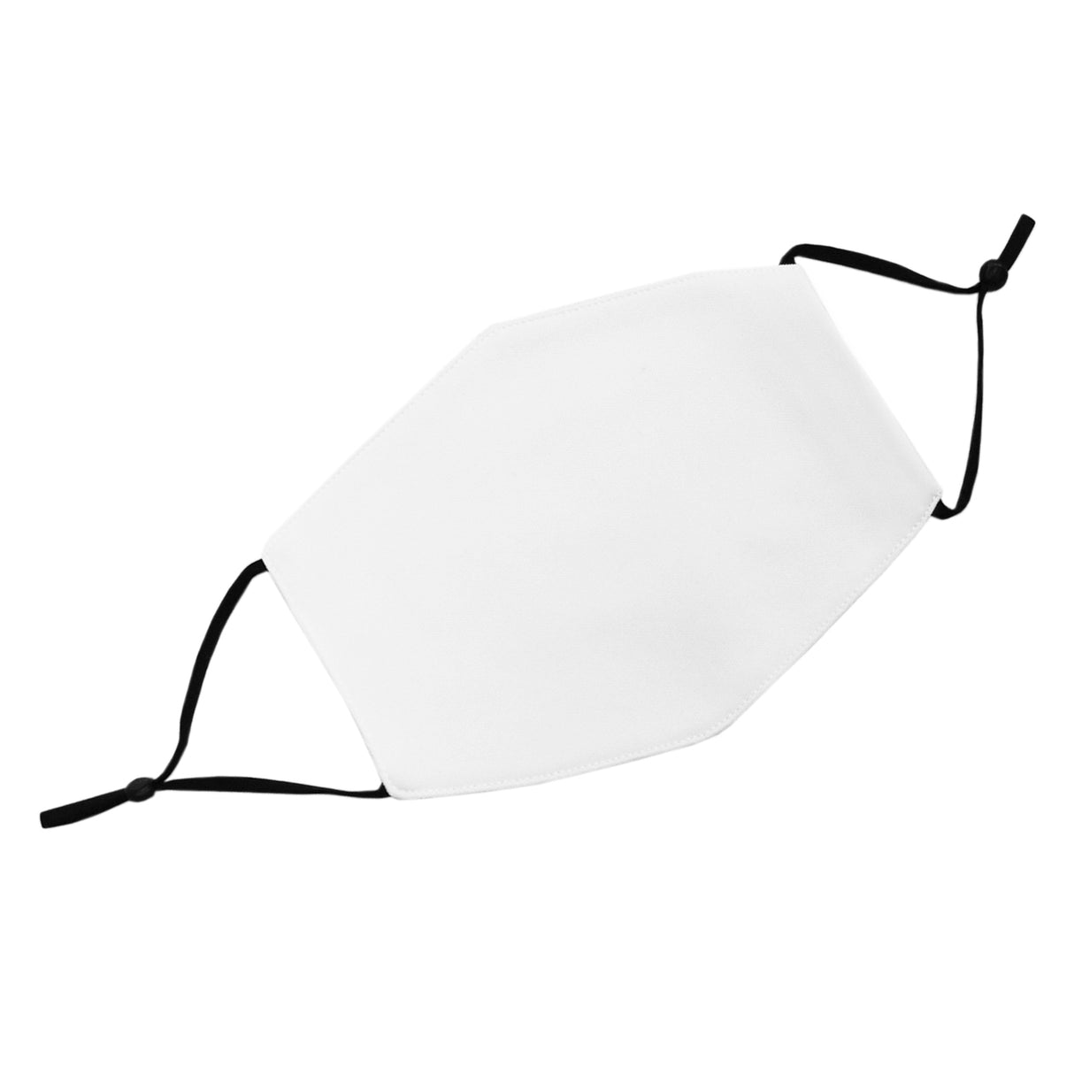 Masque vierge blanc en tissu, forme hexagonale, avec des attaches noires, idéal pour personnalisation et impression