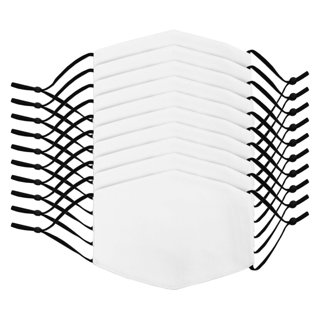 Masques vierges blancs en tissu avec cordons noirs, disposés en éventail, parfaits pour personnalisation avec presse à chaud
