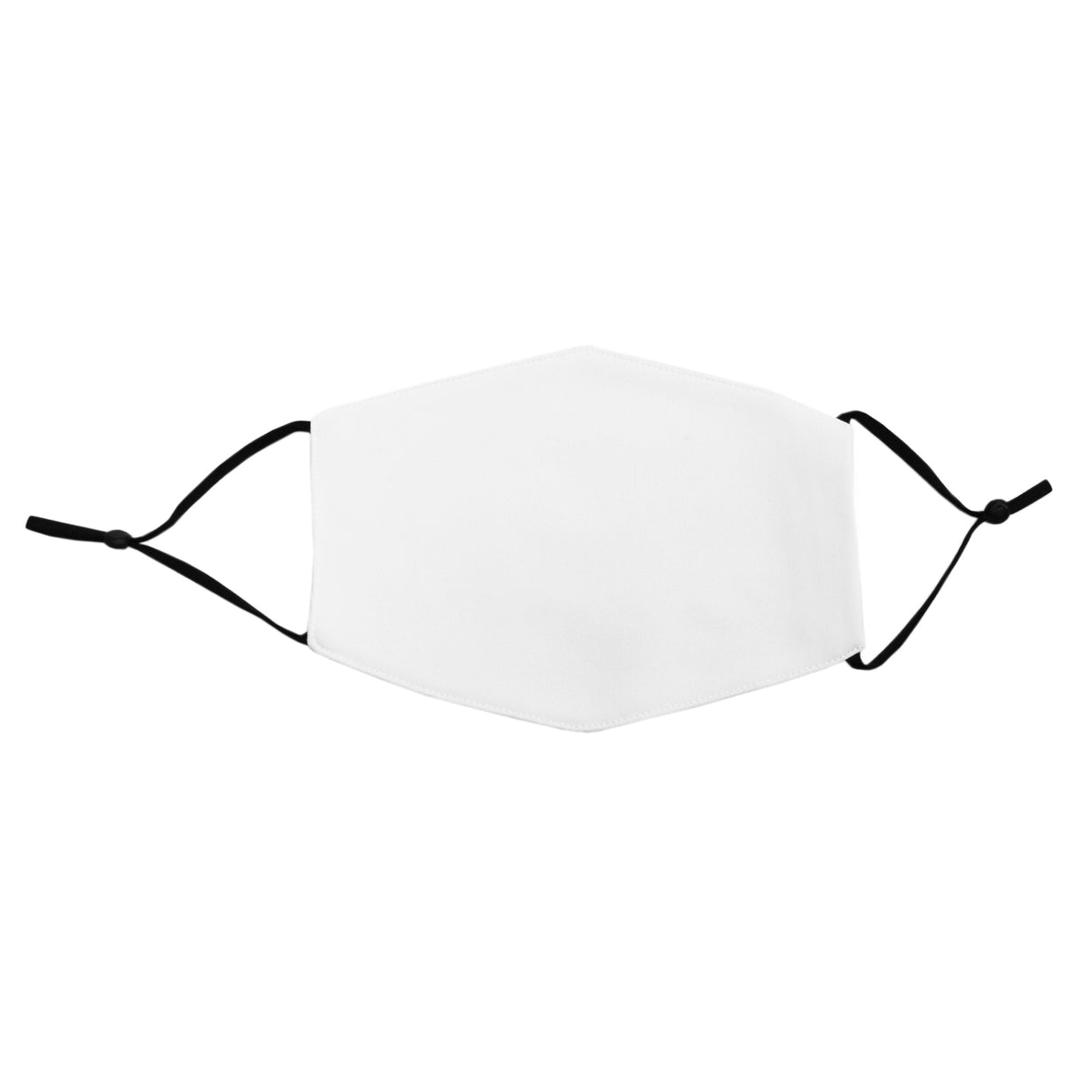 Masque de visage vierge en tissu blanc, forme hexagonale, avec des cordons noirs pour un ajustement confortable, idéal pour la sublimation
