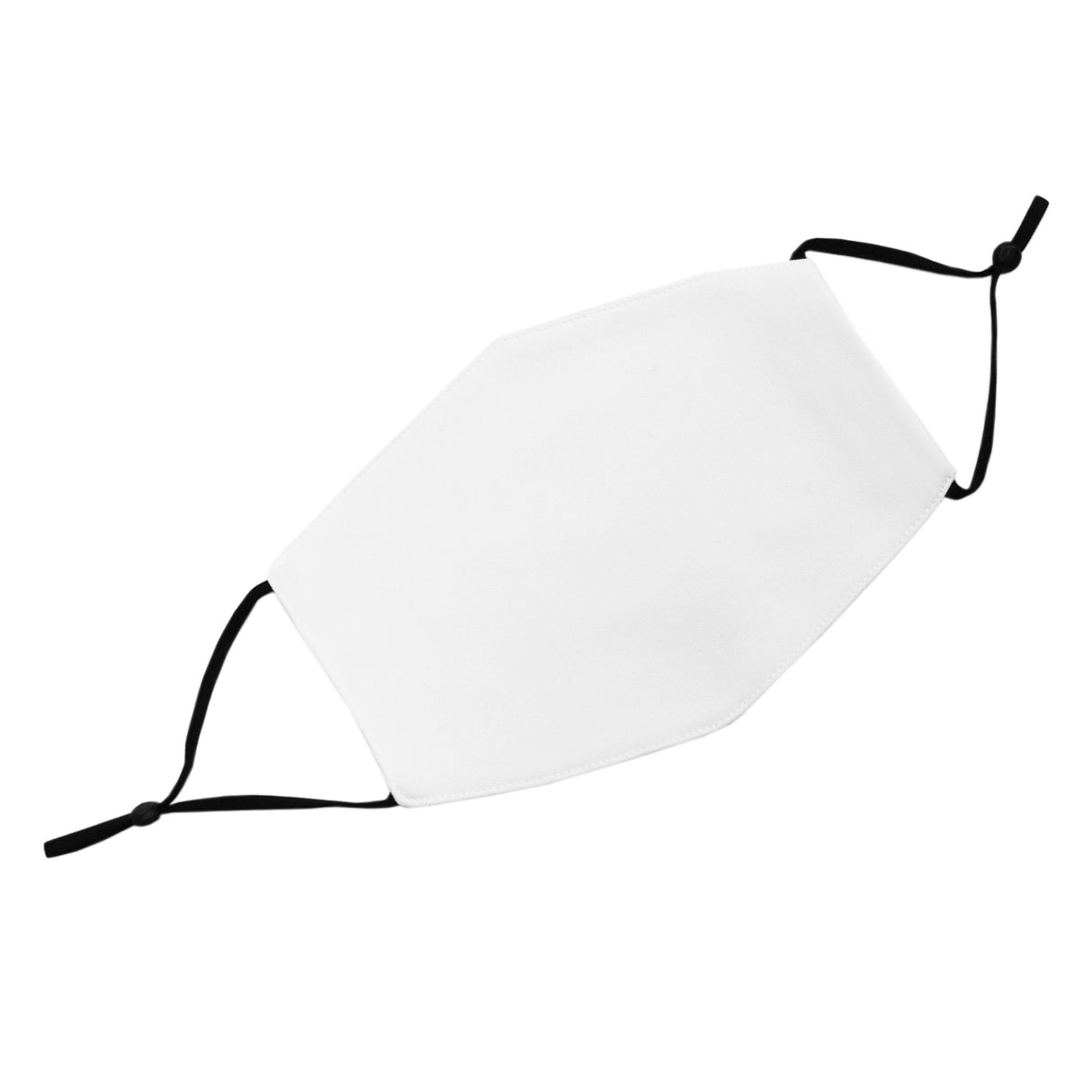 Masque de visage vierge en tissu blanc, forme hexagonale, avec des cordons noirs pour un ajustement confortable, idéal pour la sublimation