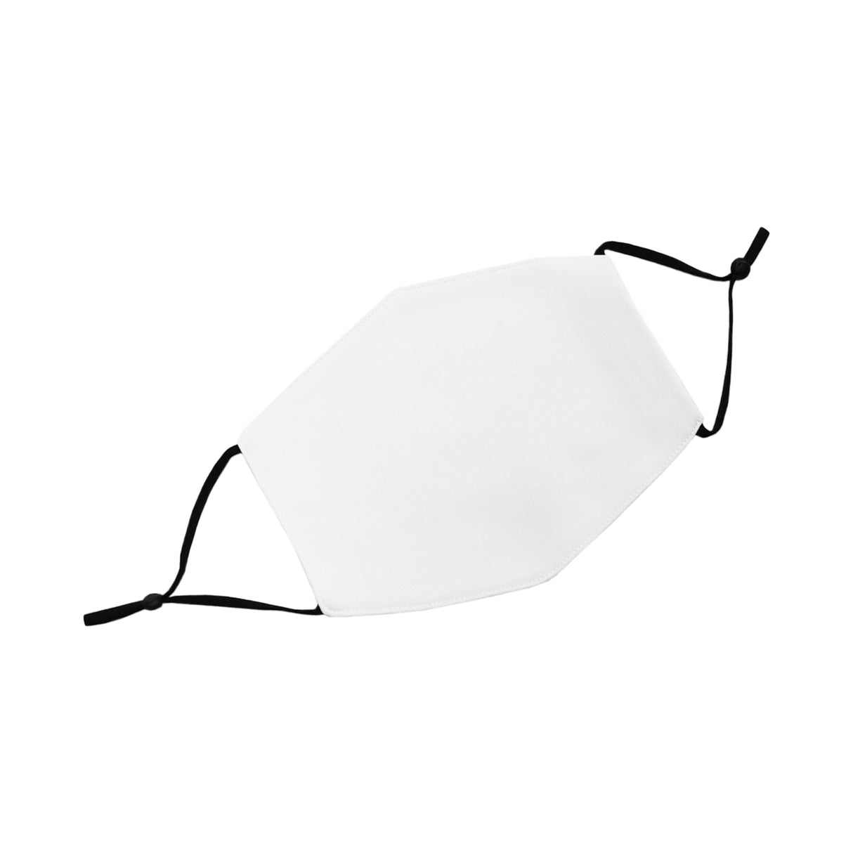 Masque de visage vierge en tissu blanc, forme hexagonale, avec des attaches noires, idéal pour la sublimation et la personnalisation