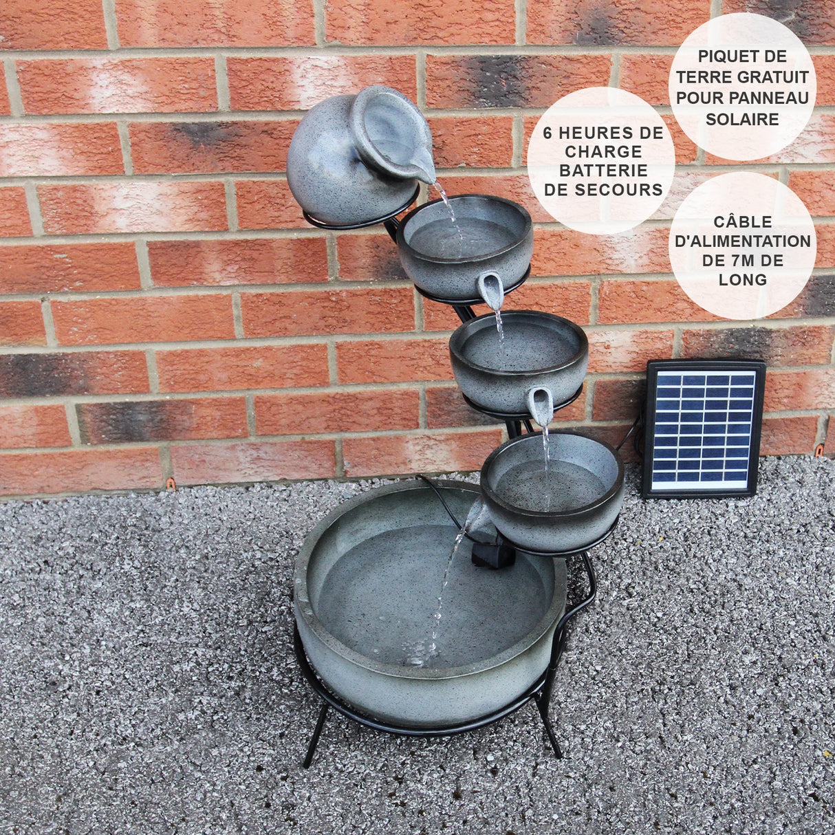 Fontaine de Jardin à 4 Niveaux avec Panneau Solaire - Gris