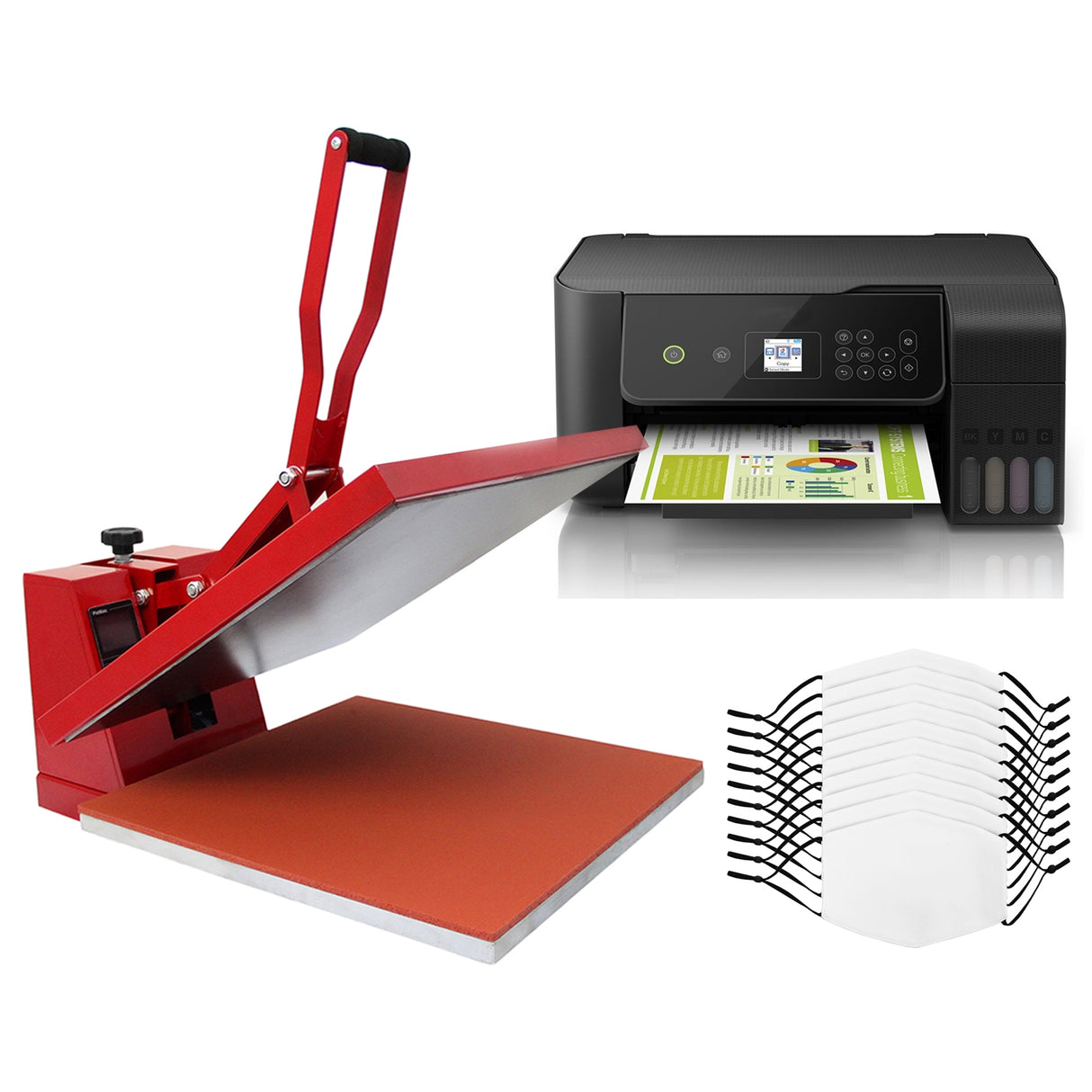 Presse à chaud rouge de 38 cm avec plateau en silicone, imprimante noire et dix masques vierges en tissu blanc à côté