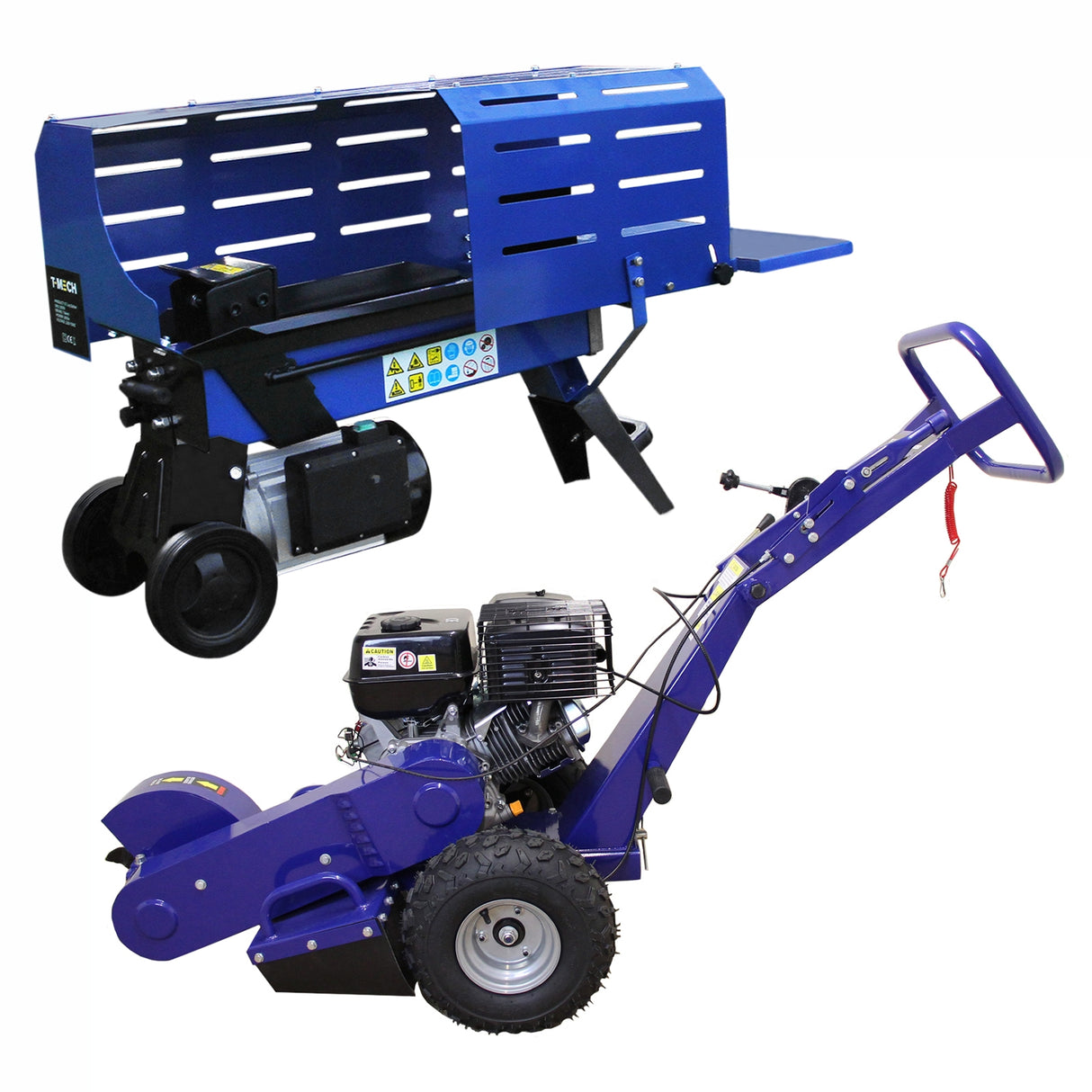 Fendeur de bûches bleu et rogneuse de souches avec moteur, roues robustes, conçu pour le jardinage et l'aménagement extérieur
