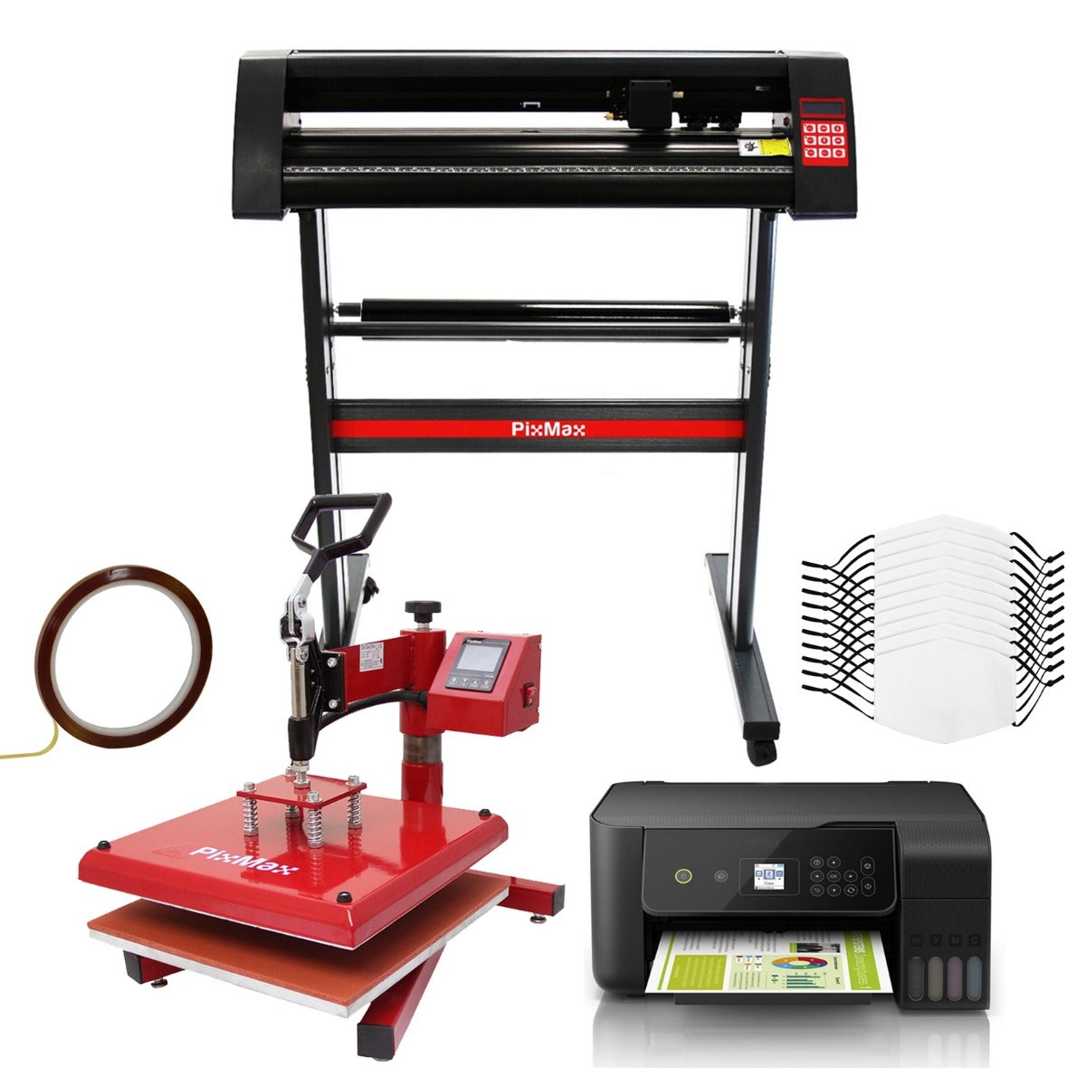 Presse à chaud rouge, imprimante Eco Tank noire, plotter de découpe vinyle avec écran, et 10 masques vierges en arrière-plan