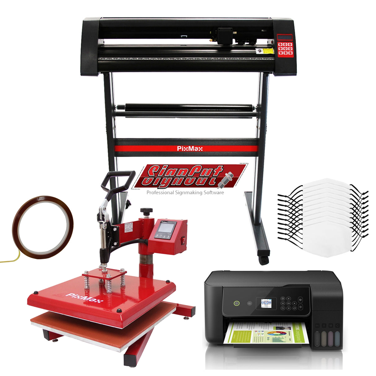 Presse à chaud rouge, imprimante Eco Tank noire, plotter de découpe vinyle avec accessoires et masques vierges pour créations personnalisées