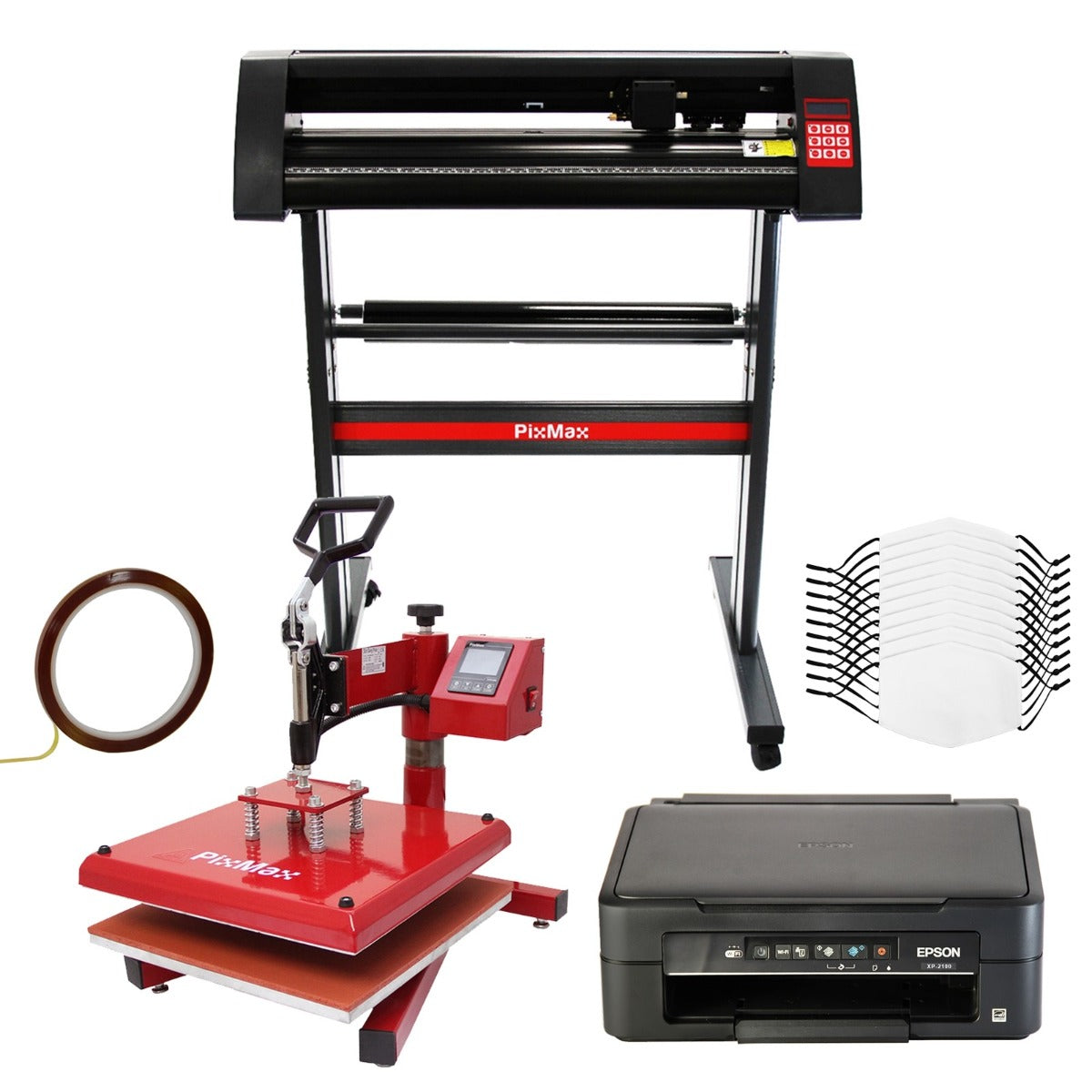 Lot de presse à chaud PixMax rouge, plotter de découpe noir, imprimante et 10 masques vierges, idéal pour la création personnalisée